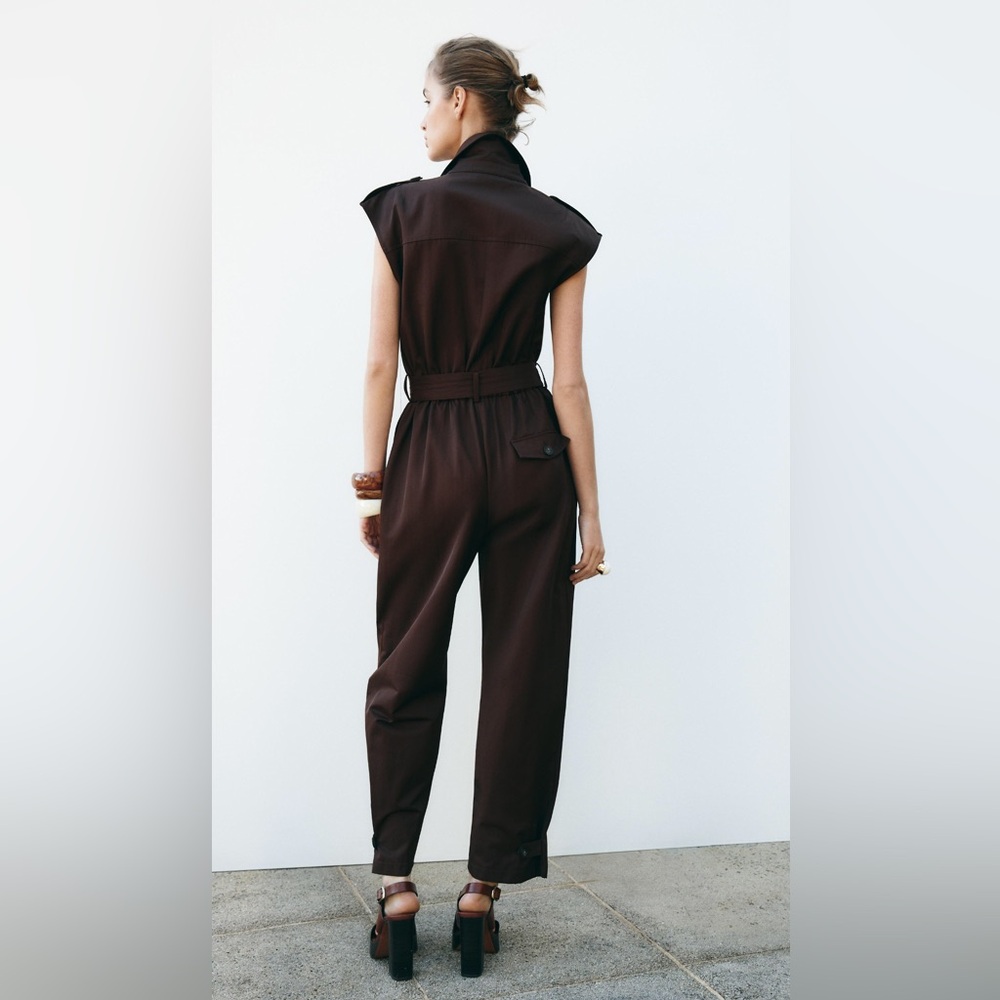 ZARA Brown Sleeveless Jumpsuit with belt - utility styling pockets - Large - Picture 8 of 11